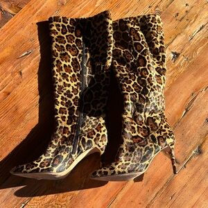 ANTONIO MELANI Leopard-Print Knee-High Stiletto Boots - Brown/Tan
